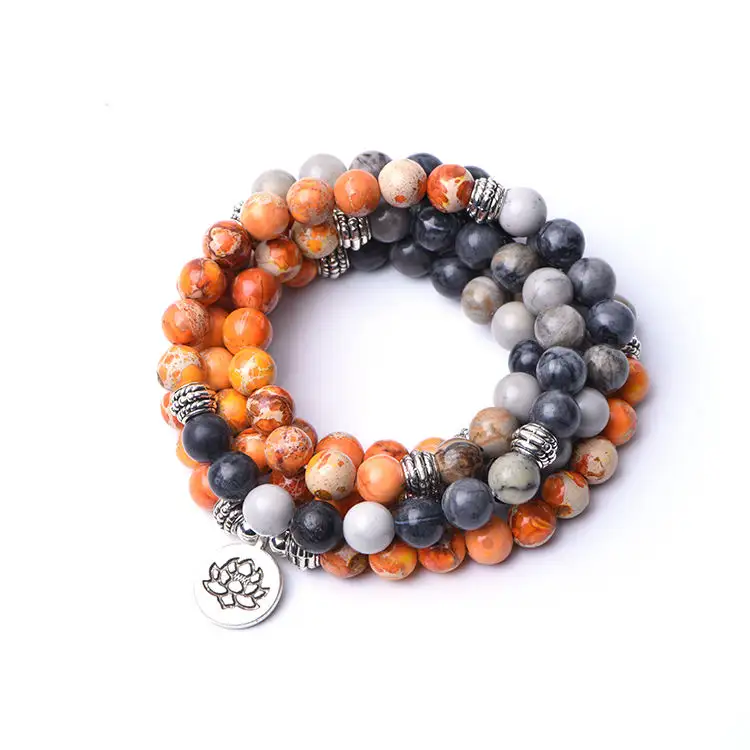 108 Mala Wrap Lotus Pendant Women Natural Beads Black Picasso Jasper Imperial Jasper Mala Beads Gemstone Bracelets