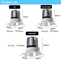 Spot LED encastré sans cadre à prix compétitif, carré, IP44, 7W/10W/12W/15W, anti-éblouissement, dimmable, pour plafond