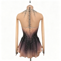 Tenue de patinage artistique à manches longues en maille dégradée noir et rose, dos ouvert, col en V, ornée de strass, pour adultes et enfants, pour compétition de danse sur glace