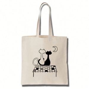 Bolsa de Mano de Algodón Reciclable para Mujer con Adorable Estampado de 2 Gatos en el Techo para Ir de Compras - Product Image 1