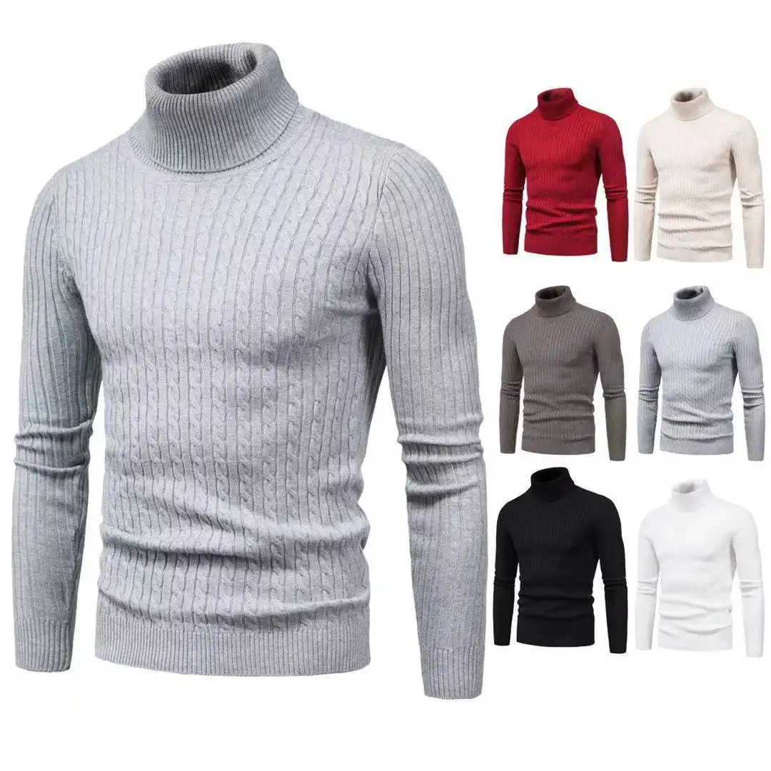 HIC Wholesale Men's Viscose Fabric High Quality Sweaters Custom LOGO Slim Fit Knitted Pullover Turtleneck Long Sleeves T-shirt