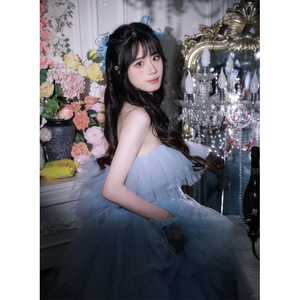 Strapless Blue Tulle Ball Gown Wedding Dress Empire Waistline Candy Color Indoor Photo Shoot Costume - Product Image 2