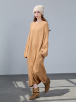 Robe longue droite en cachemire pur à 100 %, ODM, écologique, pour femme, col rond, manches longues, hiver, douce, coupe ample, tricotée