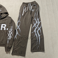 Conjunto de Sudadera con Capucha y Pantalones Deportivos Personalizados de Primavera, Transpirables, de Algodón Pesado, con Estampado DTG, Pedrería, Lavado Ácido Vintage y Cintura Elástica