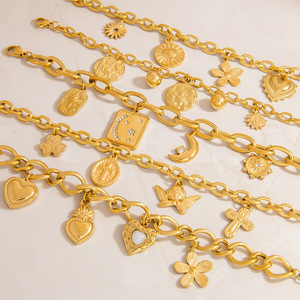 Fashion Charm <b>Bracelet</b> 18K Gold Plated Heart <b>Flower</b> Moon Pendant Unisex Jewelry Gift Yiwu Origin SL41432 - Product Image 1