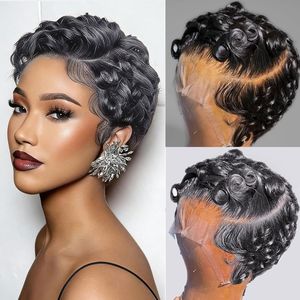 Promoción de $17 Letsfly, Pelucas Cortas Rizadas Pixie con Frente de Encaje 13x4, Color Gris, con Mechas, Negro, Cabello 100% Humano, Pelucas Más Vendidas - Product Image 1