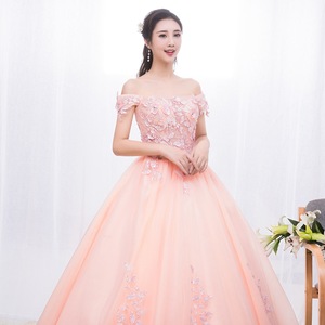 Off The Shoulder Floral Tulle Evening Dress Nude Pink Empire Waist Formal Gown For Wedding Party Coming Of Age Ceremony - Product Image 3