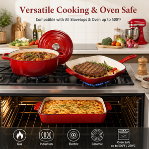 Ensemble de 11 pièces de batterie de cuisine en fonte émaillée antiadhésive, comprenant des faitouts, des casseroles et des marmites robustes avec couvercles - Product Image 2