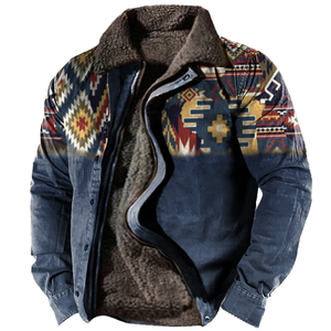 Men's Vintage Full Zip Quilted Jacket Casual hand draw Printed denim jacket Thick Sherpa Fleece <b>Lined</b> Warm Fall Winter <b>Coat</b> - Product Image 1