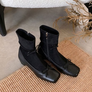 Bottes ajustées pour femme en peau de mouton, style vintage, inspirées du ballet, à nœud, nouvelle collection automne-hiver style français, à bout épais - Product Image 6