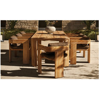 Meubles de restaurant de patio Chaise design à jambes larges Table en bois massif Ensemble de repas d'extérieur en teck