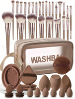 49pcs Set Kuas Makeup, Spons, dan Puff, Warna Cokelat Rose Gold dengan Tas Pembersih Puff Telur, Perlengkapan Alat Kecantikan