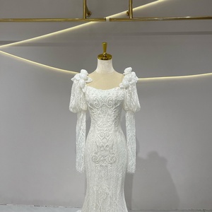 JFH65 Vestido de Novia Moderno de Sirena con Bordado de Encaje Color Marfil, Sin Mangas, Cola Capilla, Largo hasta el Suelo, Ecológico, con Flores - Product Image 4