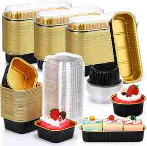 Contenedores Desechables de Aluminio Negro y Dorado para Comida para Llevar, Aptos para Microondas, con Tapas de Plástico PP, 200 ml, Paredes Lisas, Grado Alimenticio - Product Image 1