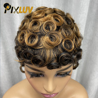 Gran Oferta: Peluca Chioma de Cabello Humano con Flequillo, Corte Pixie, Rizada, Color 1b/30, Cabello Humano Virgen Corto