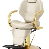 Sillón de Barbería Hidráulico Reclinable, Silla de Estilismo de Salón en Cuero Sintético Beige con Reposabrazos Dorado para Peluquería y Belleza