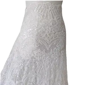 3D Beaded Bridal Wedding Dress Lace Fabric Luxury Sequin Evening Dress Ivory White