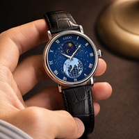 Nouvelle montre mécanique automatique pour homme, style affaires, en métal, étanche 30M, avec cadran bleu planétaire lumineux, ciel étoilé et aiguille des phases lunaires