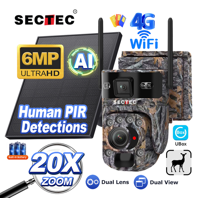 SECTEC 20X Zoom AI 4G Solar Camera Dual Len Camouflage  4G WiFi Network Camera 6 Million Pixels IP66 Waterproof CCTV Camera