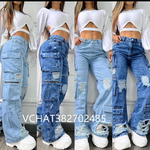 Pantalones Vaqueros <span class=keywords><strong>Cargo</strong></span> de Moda al por Mayor para <span class=keywords><strong>Mujer</strong></span>, de Color Liso, Talla Grande, de Cintura Alta, con Múltiples Bolsillos, Informales, de Mezclilla - Product Image 6