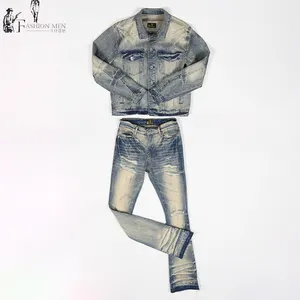 Fábrica original personalizado angustiado corte design dos homens denim terno de duas peças moda denim conjunto