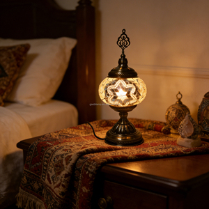 Lampe en mosaïque turque de style Art Déco, lampe de chevet avec abat-jour en acrylique, design rustique pour salle de lecture - Product Image 5