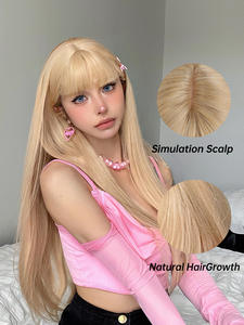 Peluca de pelo sintético liso <span class=keywords><strong>Rubio</strong></span> de 28 pulgadas con flequillo, simulación de cuero cabelludo, resistente al calor, peluca de Cosplay para fiesta para mujeres jóvenes - Product Image 5