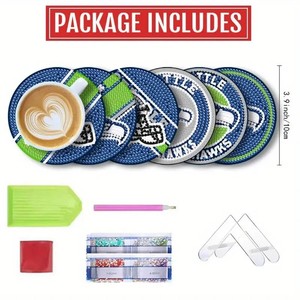 Ensemble de 6 dessous-de-verre à peindre au diamant avec support, DIY Football, Kit de <span class=keywords><strong>peinture</strong></span> au diamant par points, Artisanat - Product Image 3