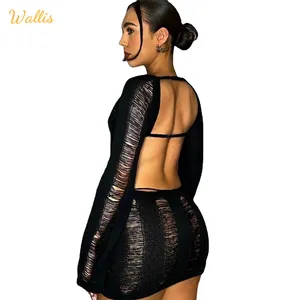 Bulk Clothes Women Sexy Lace Up Long Sleeve Wrapped Mini Dress O Neck Bodycon Party Knitted Backless Cutout Short Club Dress