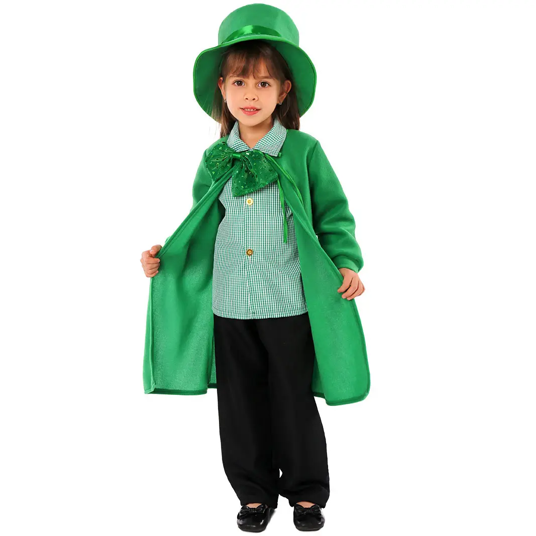 Baige Children Halloween Irish Elf Performance Uniform Hat Coat Set Leprechaun Costume for Girls Kids St. Patrick's Day Outfit