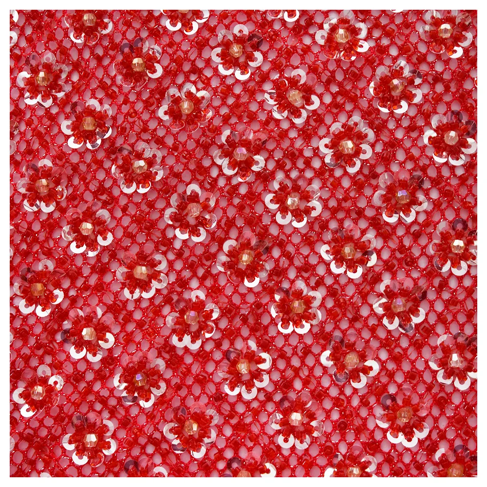 Shaoxing keqiao tekstil gelin düğün elbisesi kırmızı renk streç pullu nakış dantel kumaş