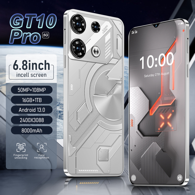 2025 GT10 16GB+1TB 5G Smartphone with Full Display 108MP Rear Camera Deca Core CPU Original Cell Phone Accessories