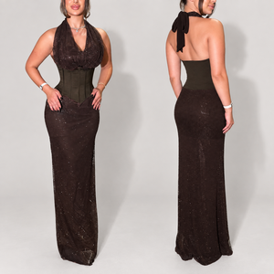 Vestido de Noche Largo de Lujo Brillante con Espalda Descubierta y Escote en V, con Sujetador Incorporado, Cintura Estilizada con Lazo, Silueta Lápiz, Formal para Fiesta de Gala, Natural - Product Image 1