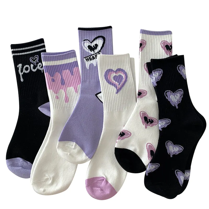 Coton mèche violet en forme de coeur macaron tendance mignon peut être personnalisé filles sport mi-tube chaussettes