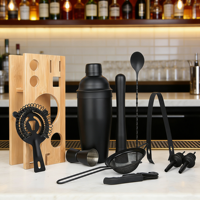Ensemble d'outils de bar avec support en bambou, ustensiles de bar en acier inoxydable, kit de shaker à cocktails original pour barman, 11 pièces