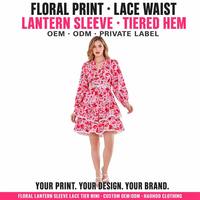 Robe Courte Été Femme Personnalisée à Imprimé Floral, Col Plongeant, Manches Longues Évasées, Bordure en Dentelle, à Volants, Vente en Gros, Fabricant OEM