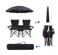 Chaise longue de jardin pliable double pour adultes, légère, noire, pour l'extérieur, le parc, la plage, le camping, avec parasol