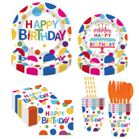 Ensemble de vaisselle jetable coloré à pois pour anniversaire, assiettes en papier, gobelets, serviettes, couverts pour fête d'anniversaire d'enfants