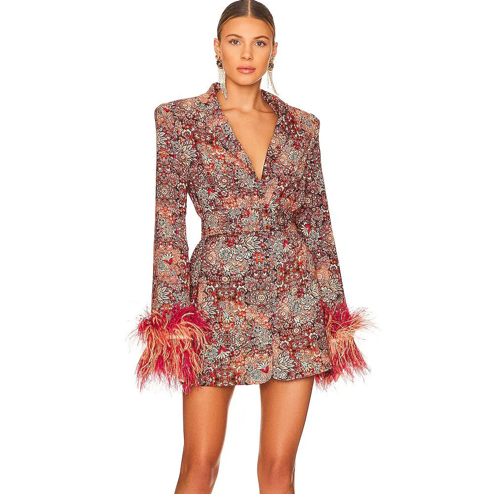 H3273 Autumn Fashion Vintage Elegant Sequin Mini Ostrich Feather Long Sleeve Mini Evening Party Floral Blazer Red Dress