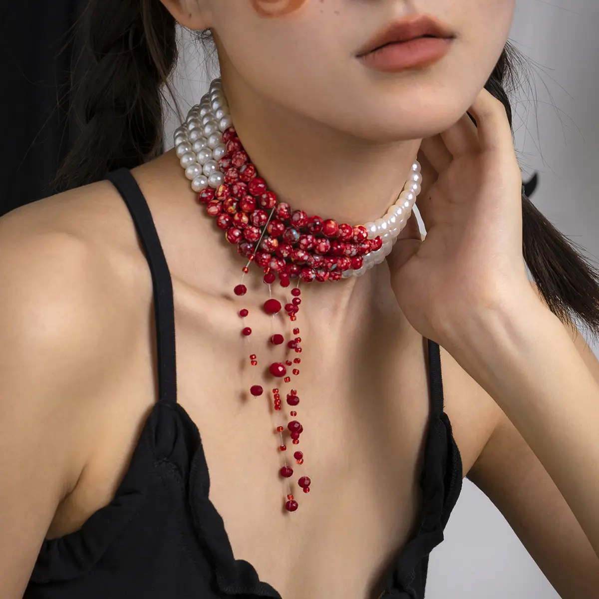Creative Halloween Blood Drop Tassel Collarbone Necklace Gothic Women's Jewelry Multi-layer Pearl Exaggerated Necklace