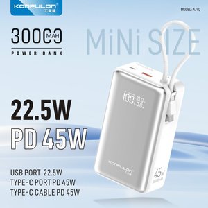KONFULON Batterie externe portable haute capacité <span class=keywords><strong>30000mAh</strong></span> avec charge rapide <span class=keywords><strong>45W</strong></span>, câble intégré, affichage LED, sorties Type-C et USB - Product Image 2
