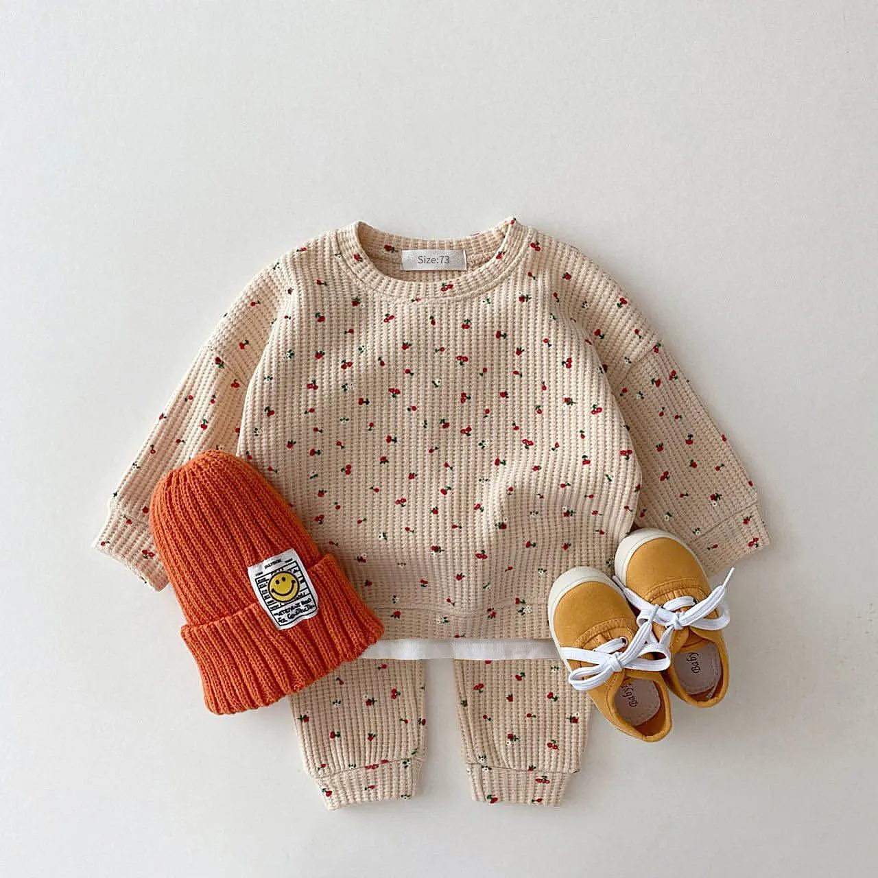 2022韓国の赤ちゃん綿編み服セットモックツーピースワッフルコットンキッズボーイズガールズ服セットトラックスーツトップスパンツ