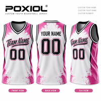 Maillot de basketball personnalisé blanc et rose à effet éclaboussures, col en V, sublimation intégrale, séchage rapide, respirant, personnalisable pour clubs jeunes unisexes