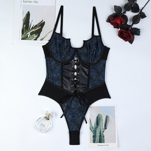 Body de cuero sintético sexy de una pieza para mujer, mono elegante vintage con tirantes y diseño empalmado, ¡el más vendido! - Product Image 6