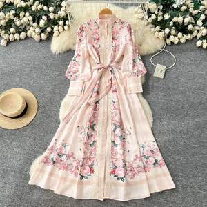 Abito da <span class=keywords><strong>Donna</strong></span> Stile Francese Vintage con Stampa Floreale, Maniche Lunghe, Vita Definita, Linea ad A, Abito da Vacanza, Moda Femminile - Product Image 1