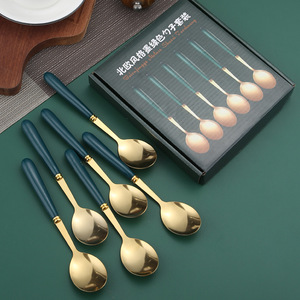Dark Green And Gold Spoon Gift Set Stainless Steel <b>Dessert</b> Spoons For Home Use 6Pcs Set - Product Image 2