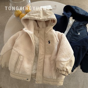 Thickened Warm Boys Hooded Lamb Wool Coat Lined Windproof Autumn Winter Clothing Baby Size - Product Image 1