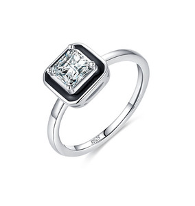 S925 <b>Silver</b> Princess Cut Diamond Engagement <b>Ring</b> in Bezel Setting Classic Geometric Design for Women - Product Image 1