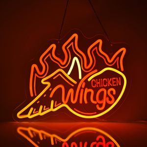 Cartel Luminoso LED 'Hot Chicken Wings' - Enseña De Neón Verde Y Amarillo 60x40 Cm, Bajo Consumo, Para Decoración