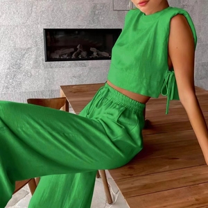 Cotton Linen Shoulder Padded Sleeveless Side Tie <b>Top</b> With Pocket Wide Leg Pants Women's Casual 2 Piece Set Fashion - Product Image 3